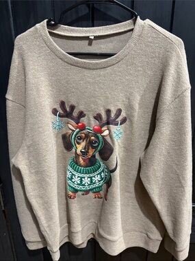 Uniqlo Beige Crewneck Sweater with Festive Dachshund Embroidery